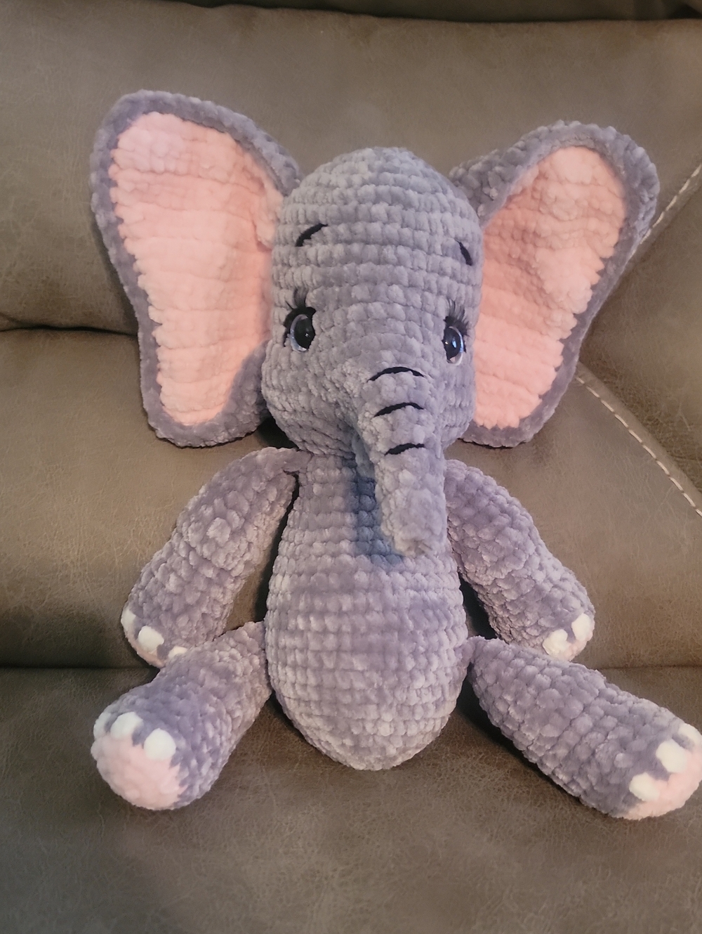 Handmade Crochet Plush Gray & Pink Elephant Stuffed Animal - Soft Cuddly Plush